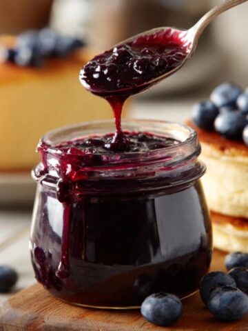 homemade blueberry sauce on pancakes and cheesecake topping