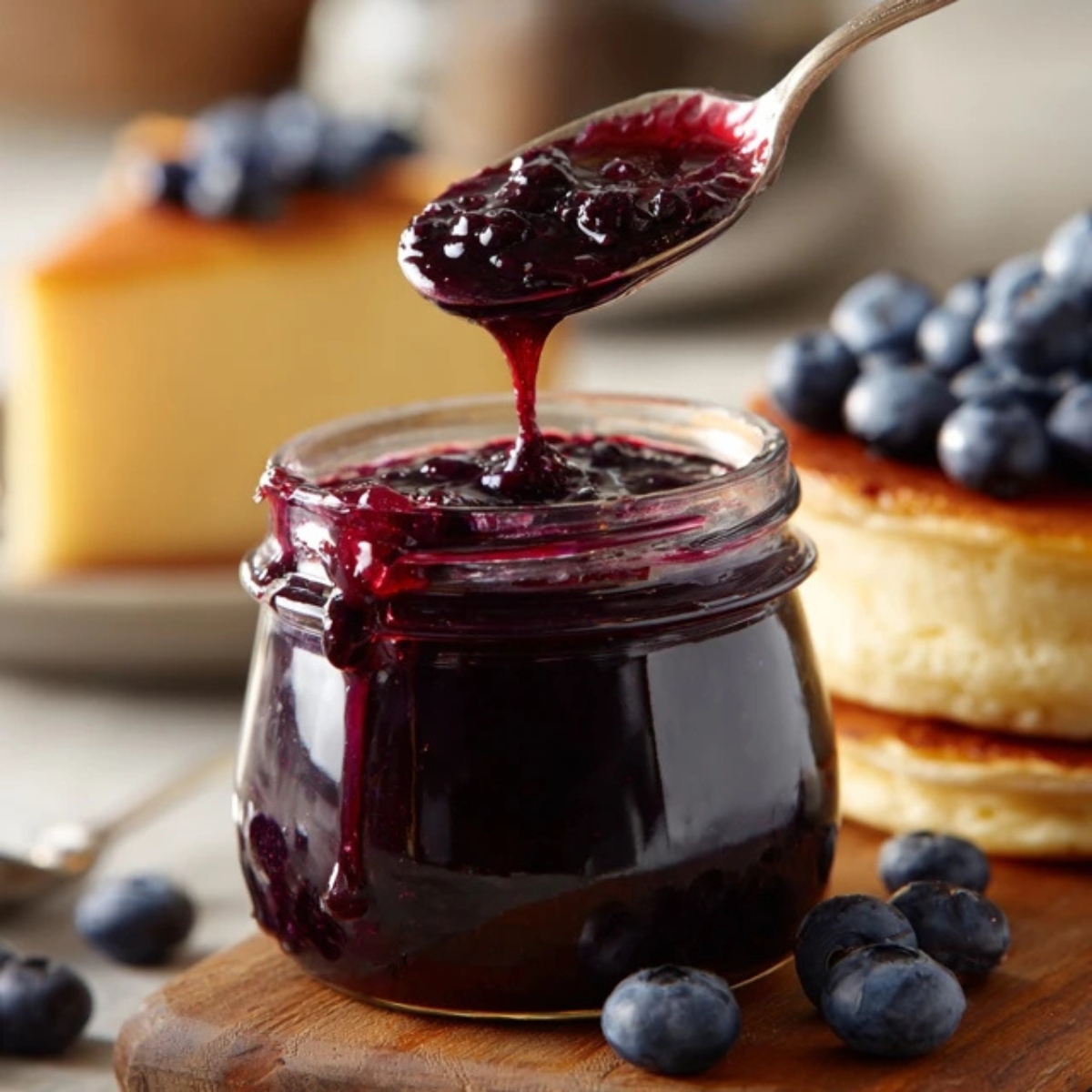 homemade blueberry sauce on pancakes and cheesecake topping