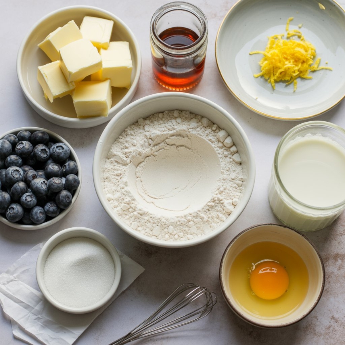 Ingredients for homemade blueberry scones laid out on white counter