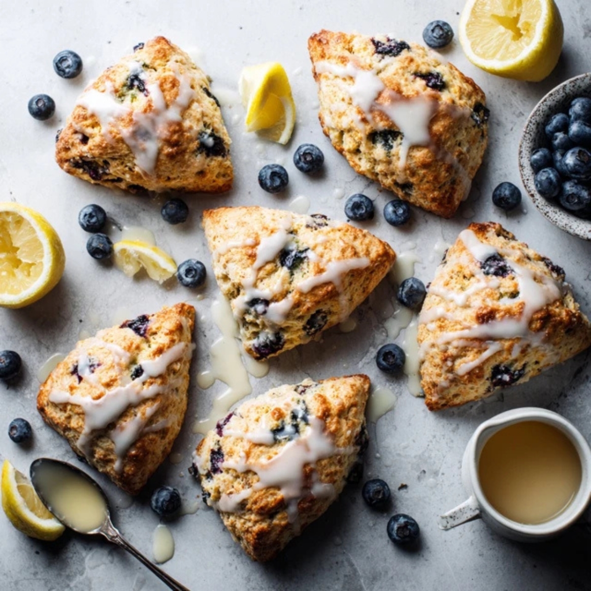 Homemade blueberry scones with lemon glaze on white kitchen counter