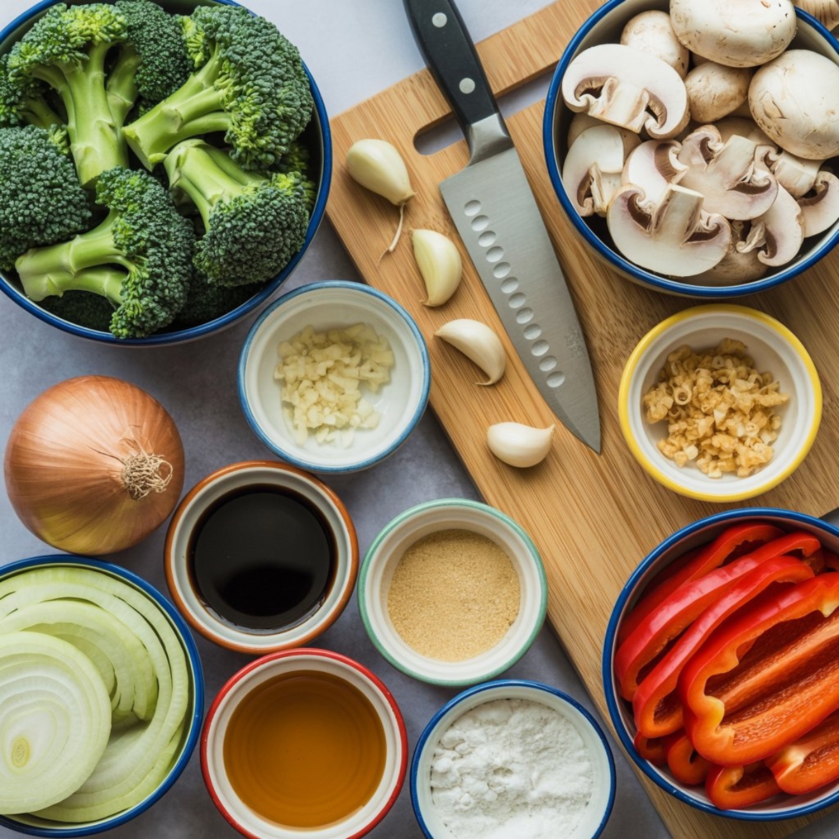 Fresh broccoli mushroom stir fry ingredients on counter