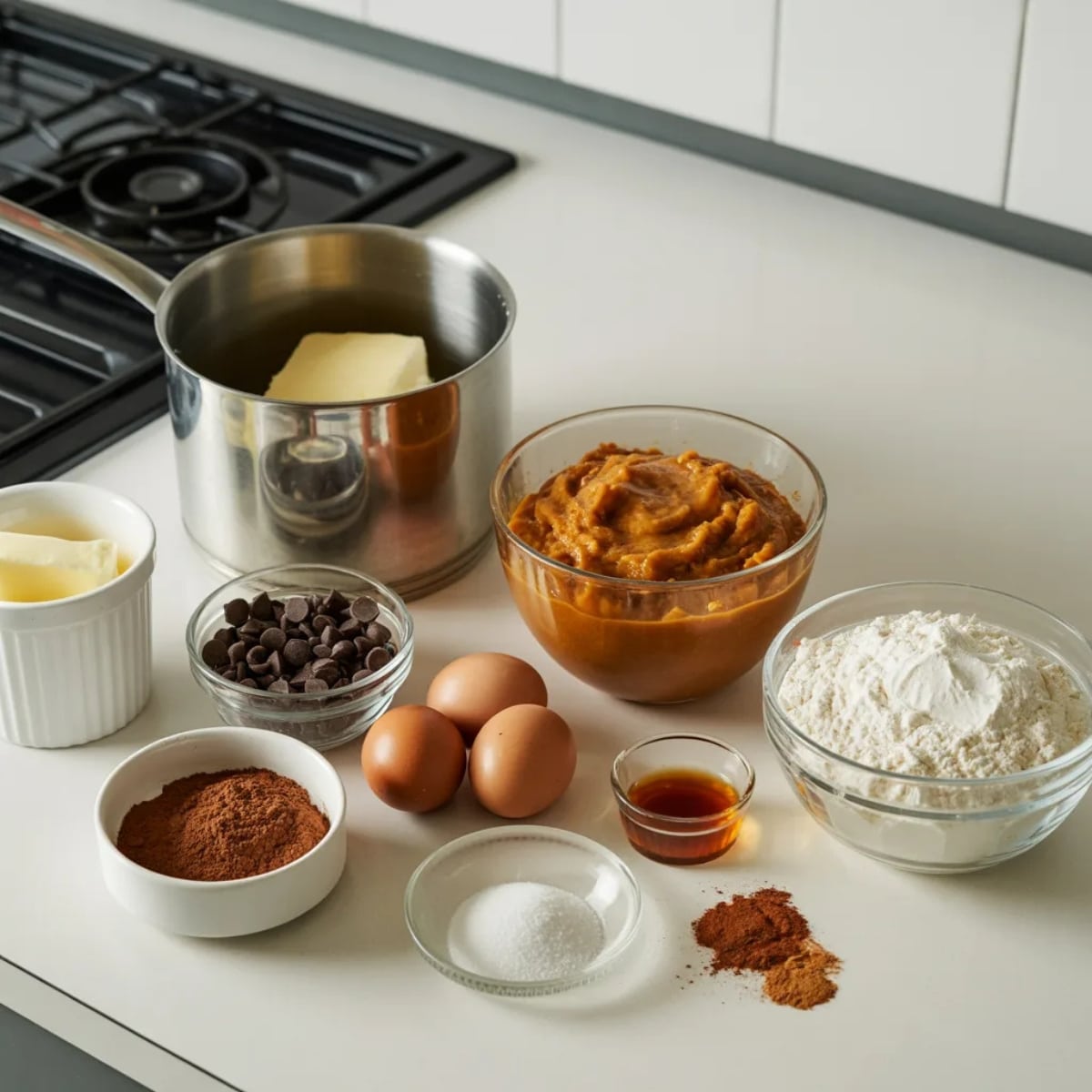 ingredients for brown butter pumpkin chocolate chip cookies on white counter
