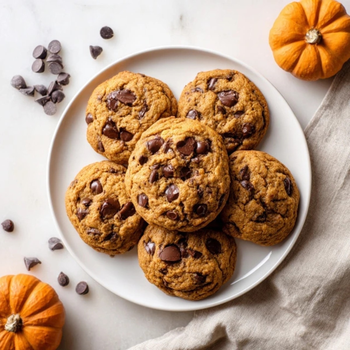 soft brown butter pumpkin chocolate chip cookies on white counter