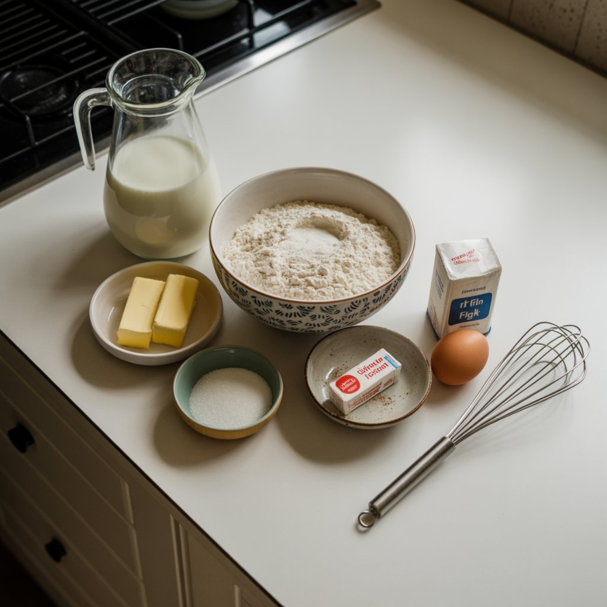 Burger buns ingredients on white kitchen counter