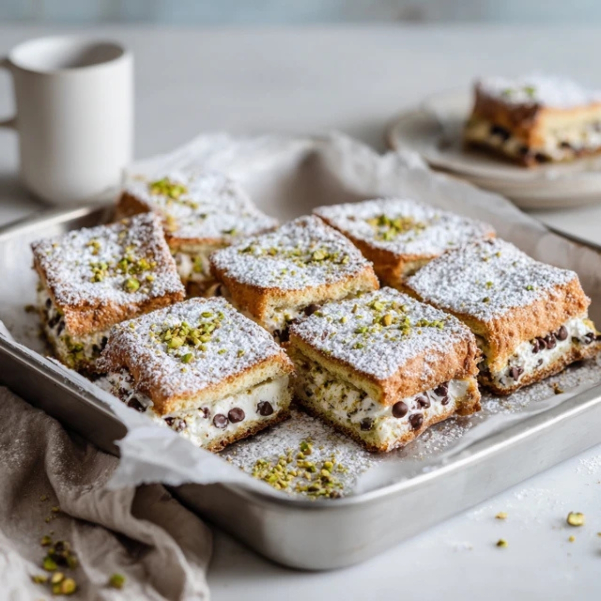 Homemade cannoli squares with ricotta filling and powdered sugar on white kitchen counter