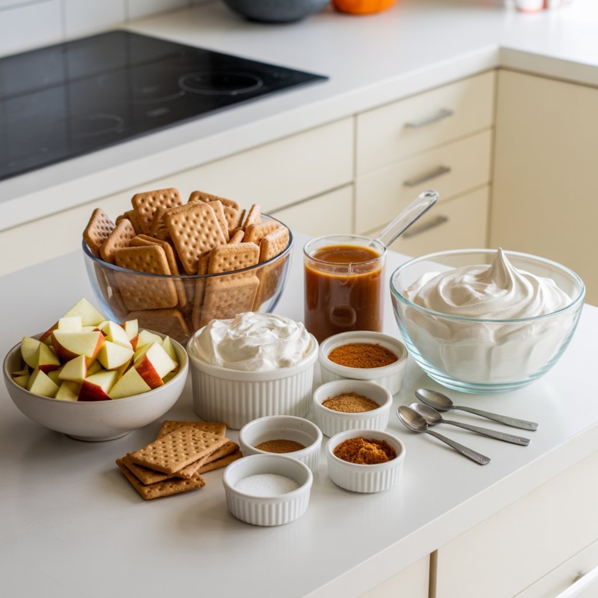 flat lay of caramel apple dessert cups ingredients on white kitchen counter