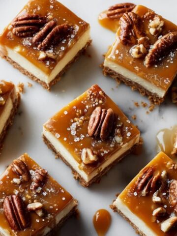 Homemade caramel cheesecake bars with graham cracker crust and caramel drizzle