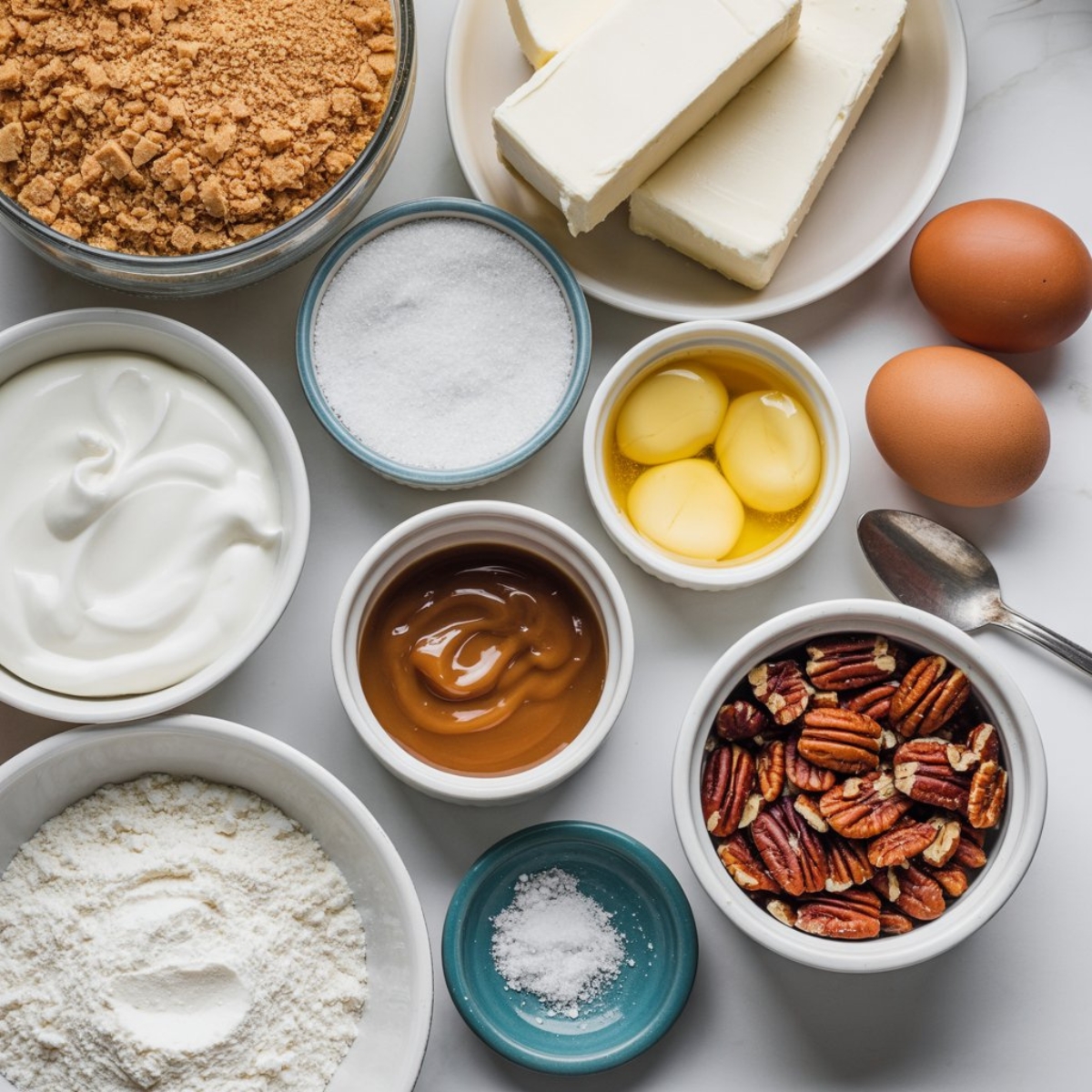 Ingredients for making caramel cheesecake bars on kitchen counter