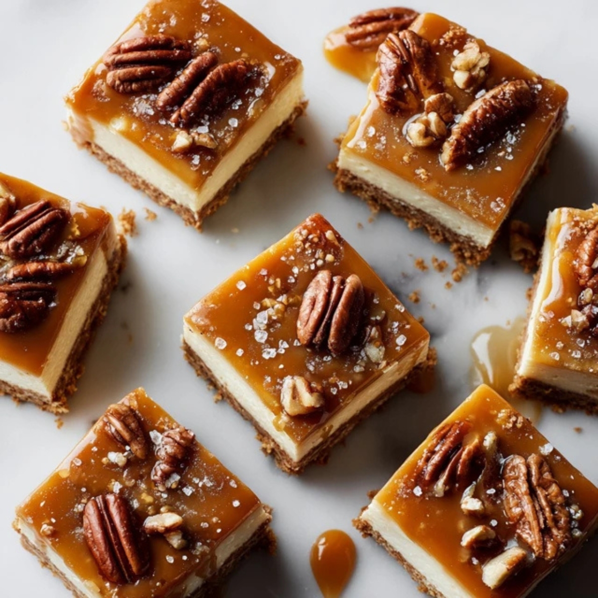 Homemade caramel cheesecake bars with graham cracker crust and caramel drizzle