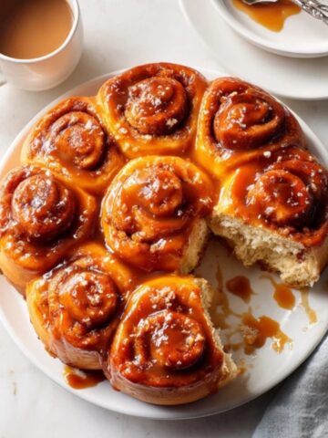 Homemade caramel rolls with gooey caramel sauce on a white kitchen counter