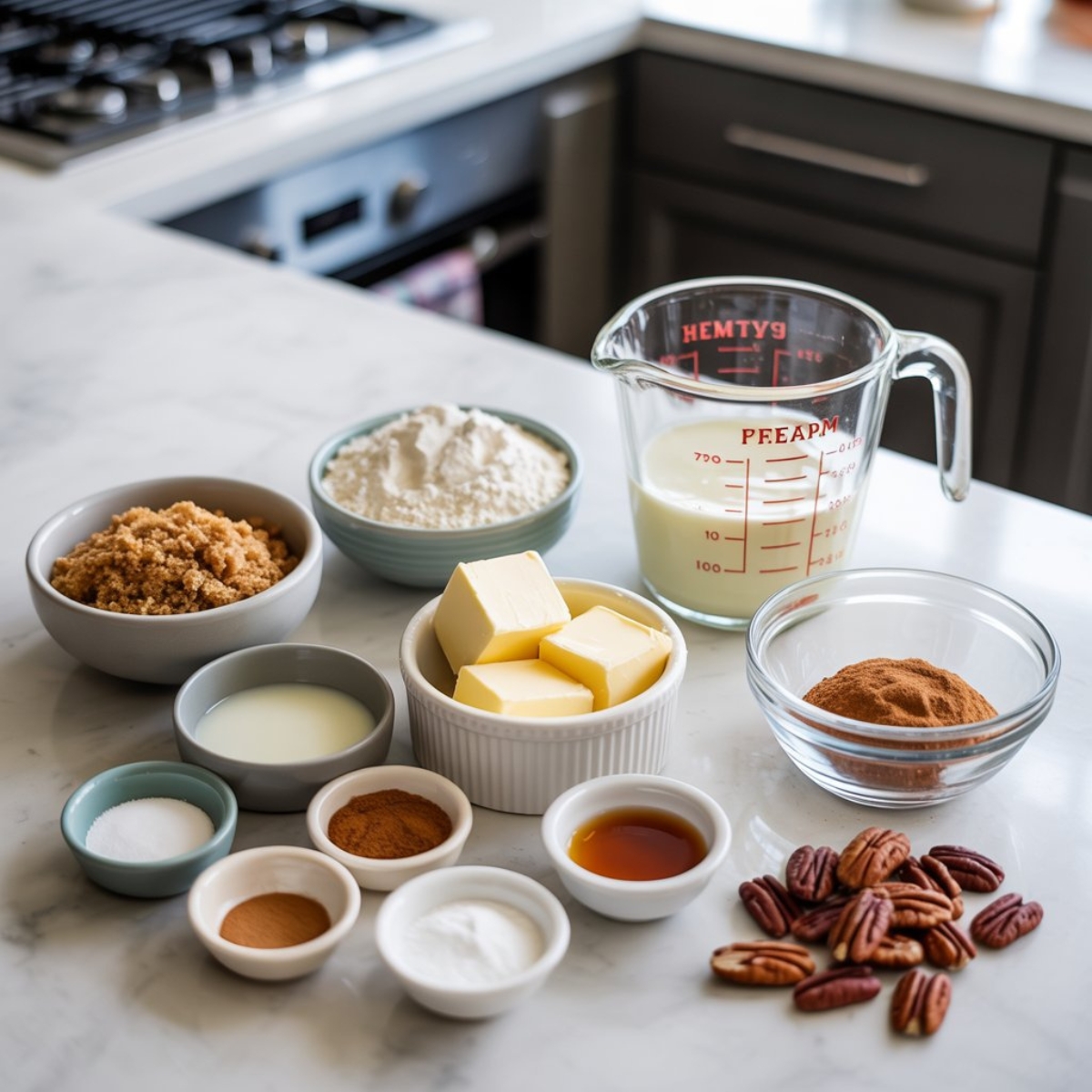 Ingredients for homemade caramel rolls arranged on a white kitchen counter