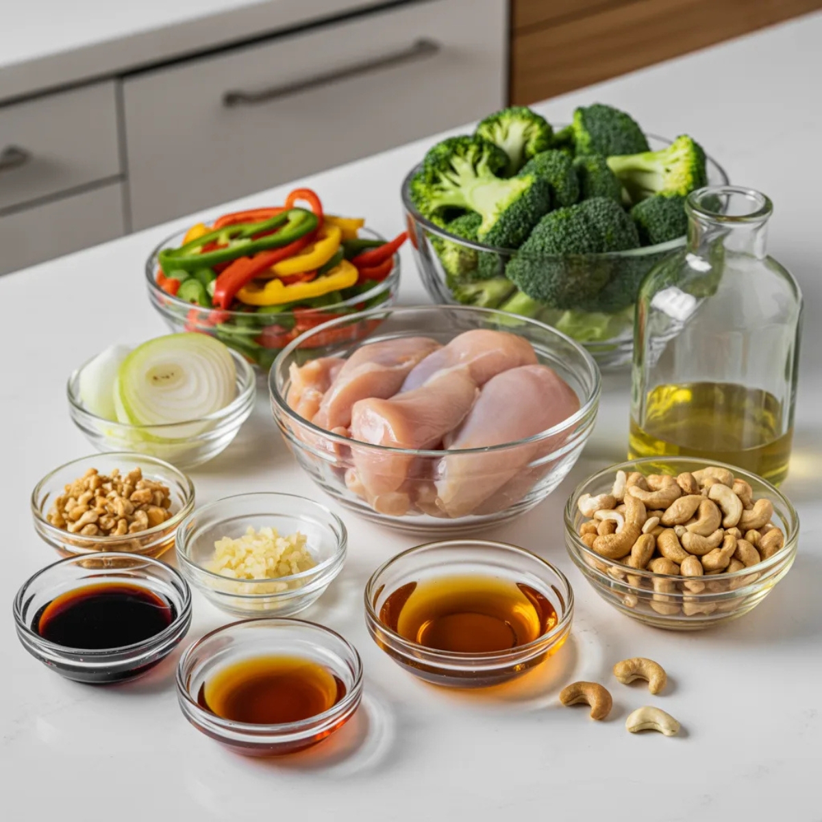 Ingredients for cashew chicken stir fry arranged in bowls on a white counter.