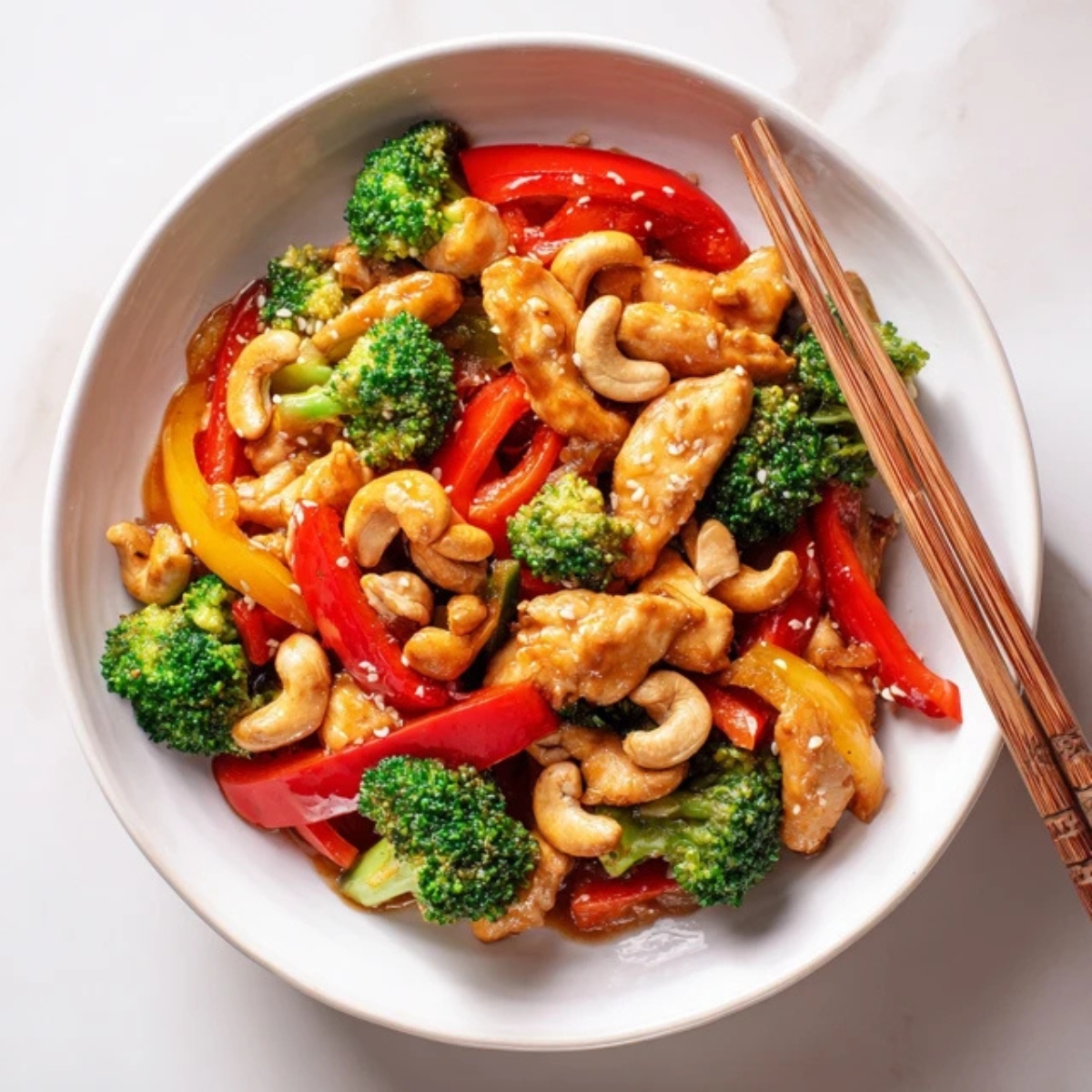 Homemade cashew chicken stir fry with colorful vegetables and cashews in a white bowl.