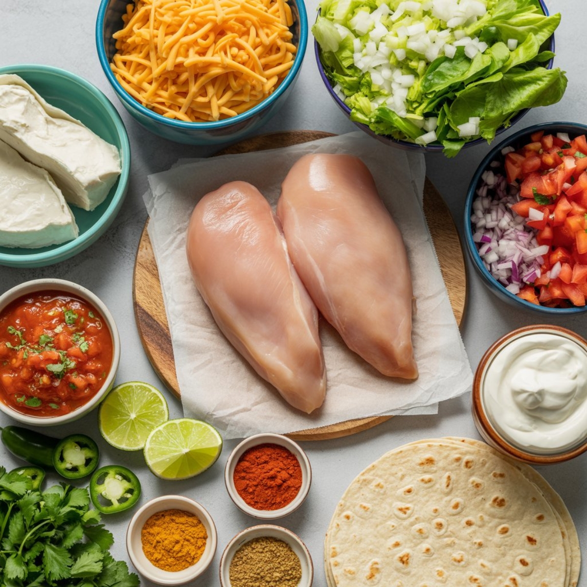 Cheesy chicken tacos ingredients on white kitchen counter