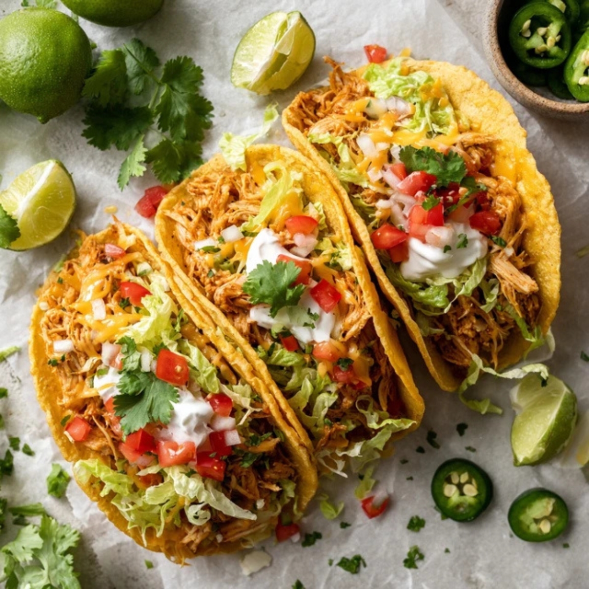 Cheesy chicken tacos with toppings on white kitchen counter