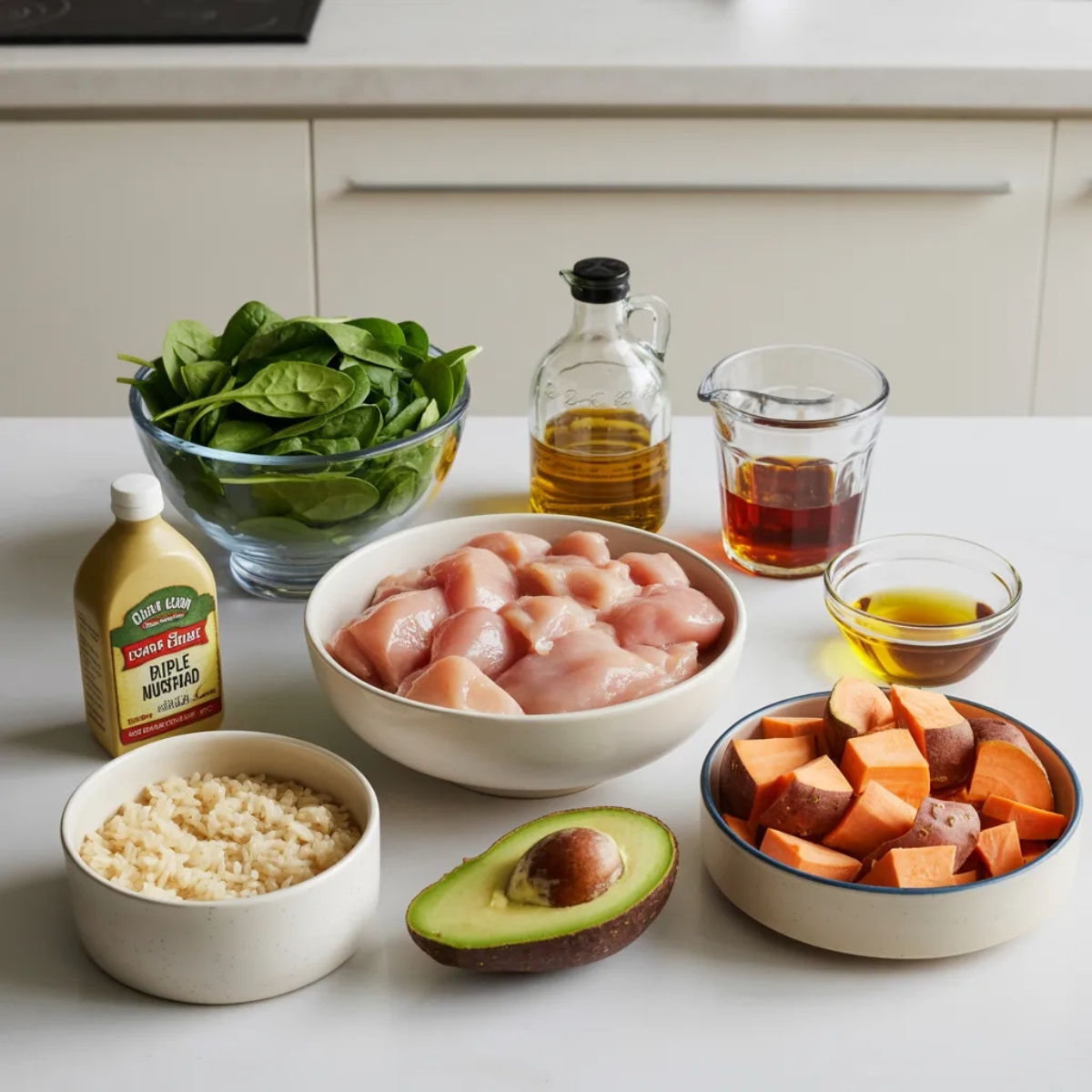 Ingredients for chicken bowls with sweet potatoes including chicken, maple syrup, and avocado on a white counter