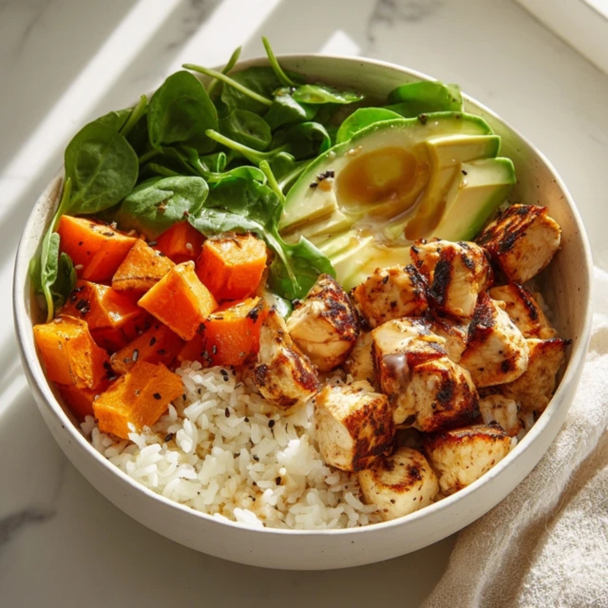 Healthy chicken bowls with sweet potatoes and maple dijon glaze on a white kitchen counter