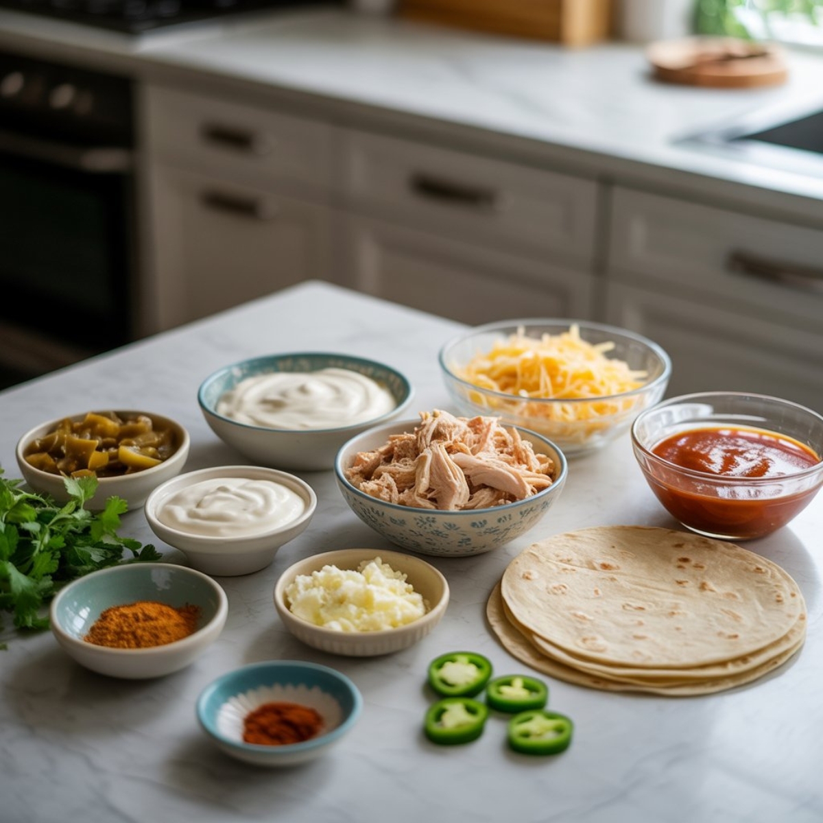 Fresh ingredients for chicken enchiladas arranged on a white kitchen counter