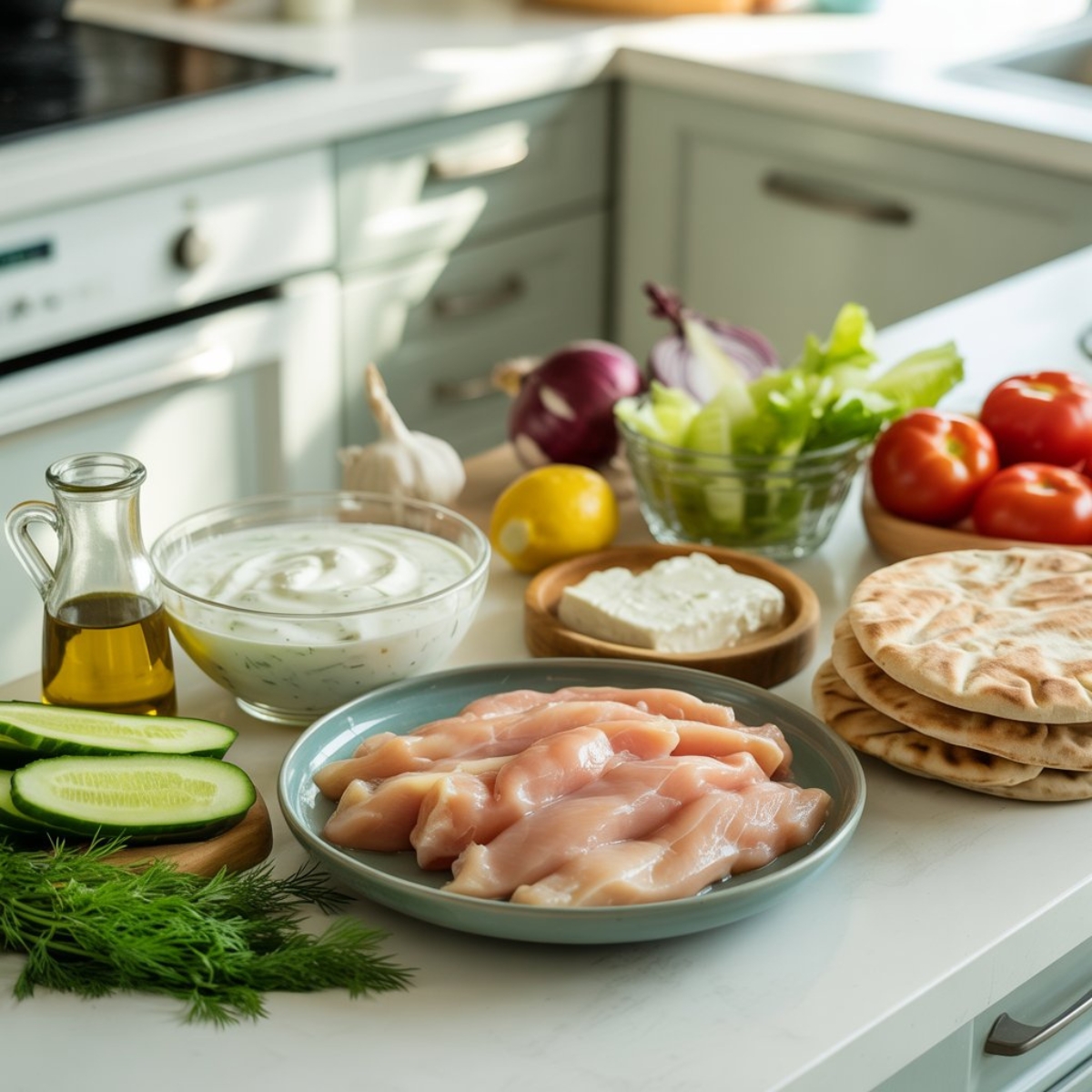 Flat lay of fresh chicken gyros ingredients on a white kitchen counter
