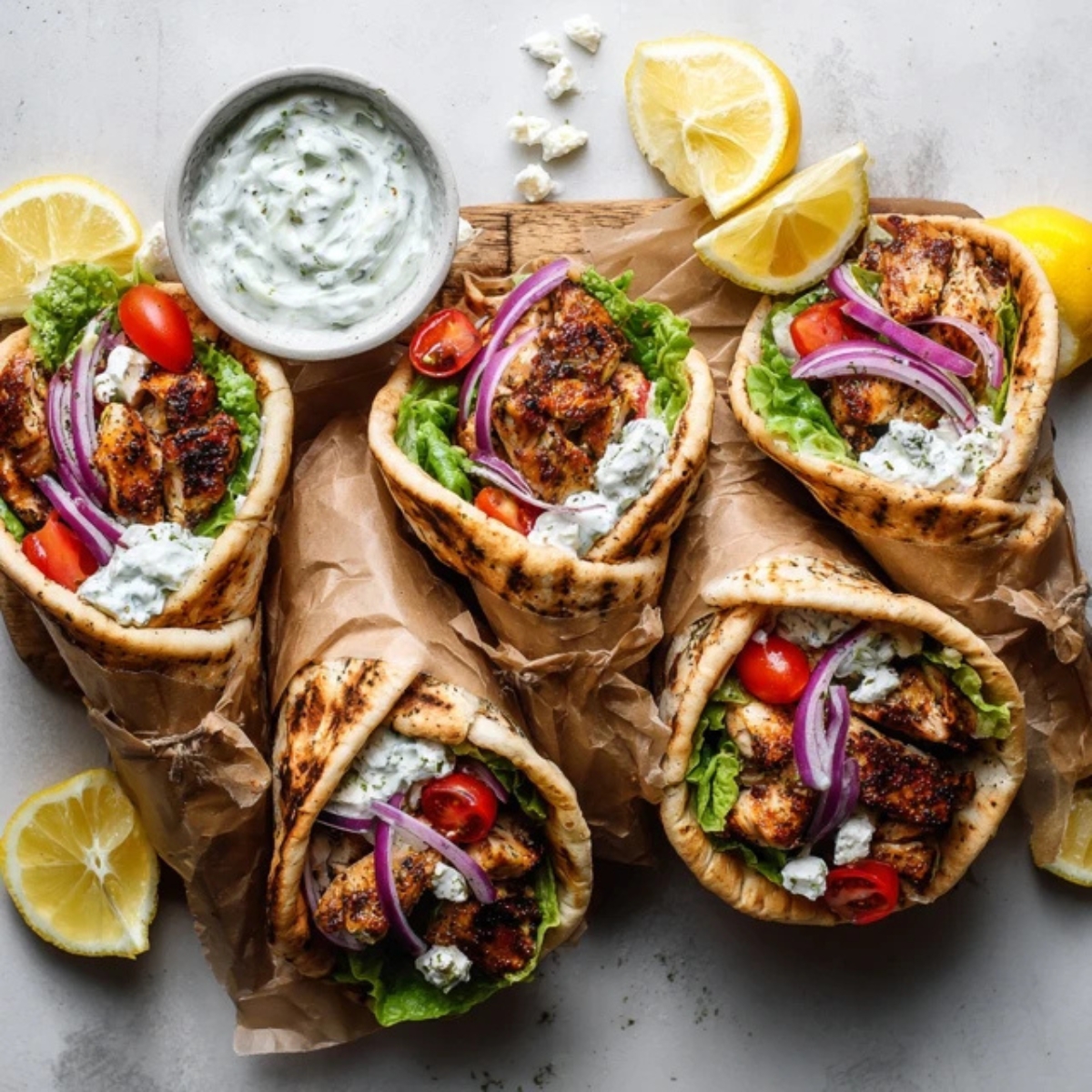Homemade chicken gyros wraps with tzatziki, tomatoes, and lettuce on a white counter