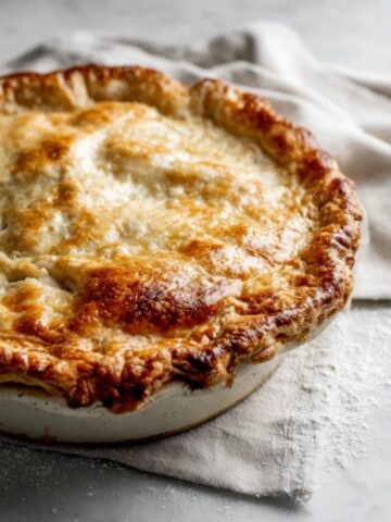 Golden flaky homemade chicken pot pie on white kitchen counter