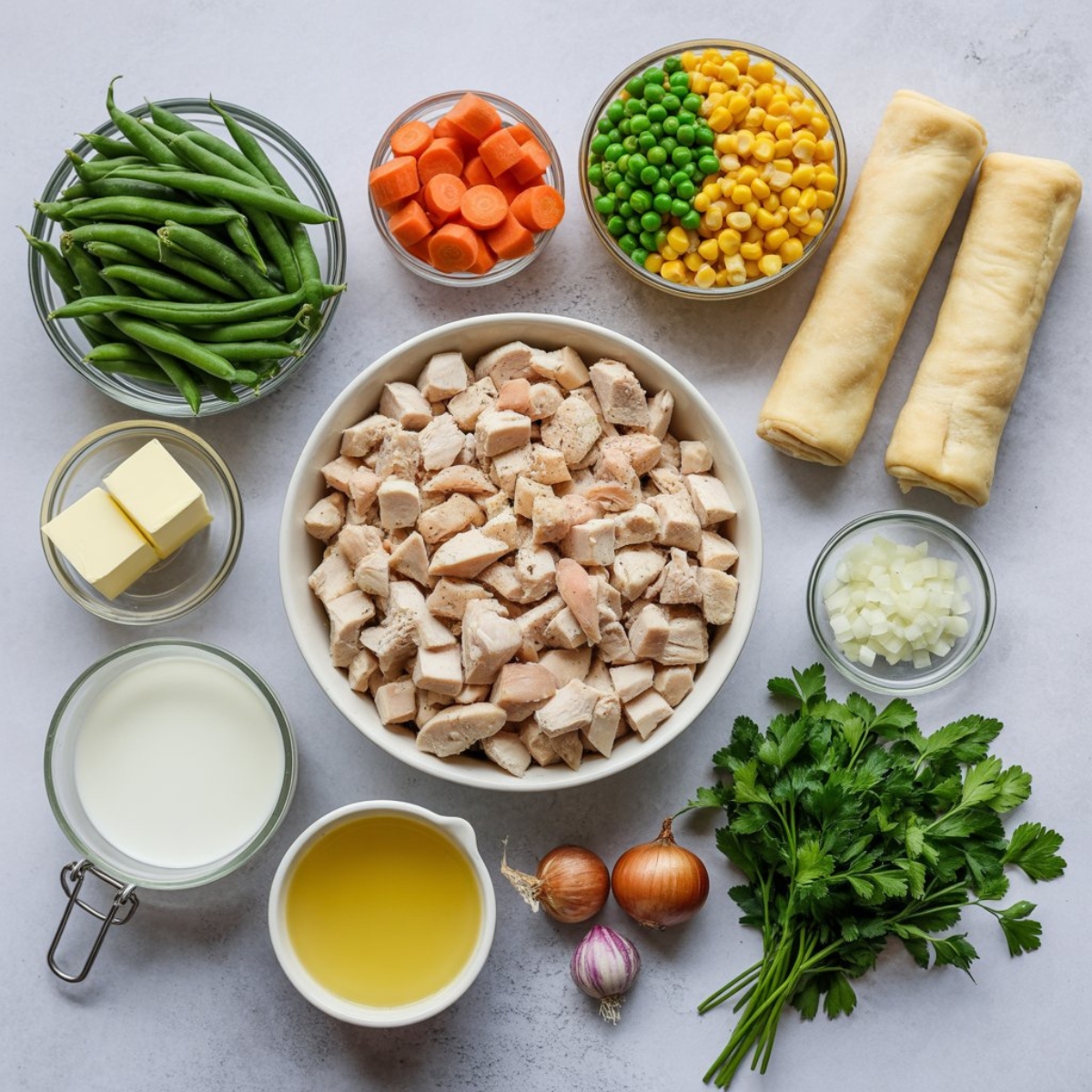 Fresh chicken pot pie ingredients on white kitchen counter