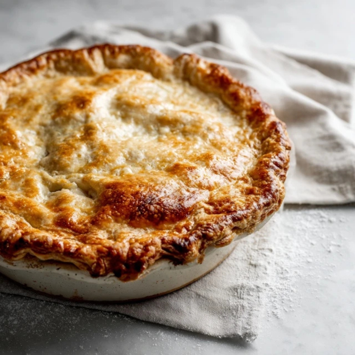 Golden flaky homemade chicken pot pie on white kitchen counter