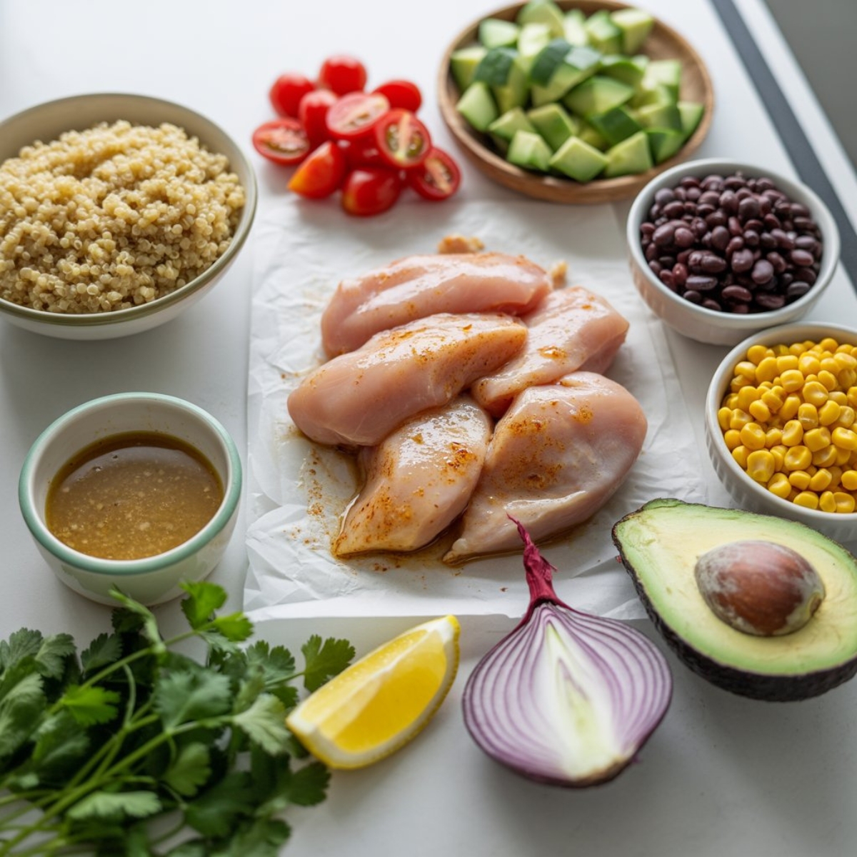 fresh ingredients for chicken quinoa bowl with quinoa vegetables and tahini dressing