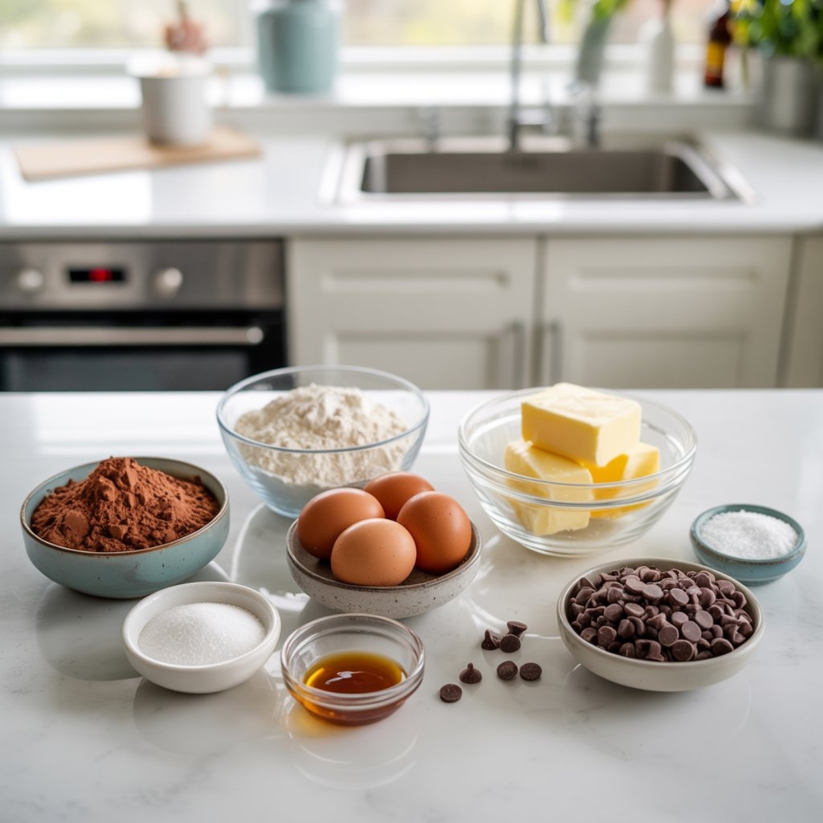 Flat lay of chocolate brownie cake ingredients on white kitchen counter