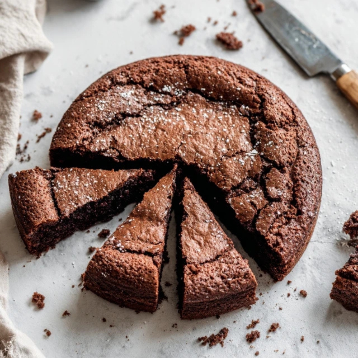 Homemade chocolate brownie cake with crackly top on white kitchen counter