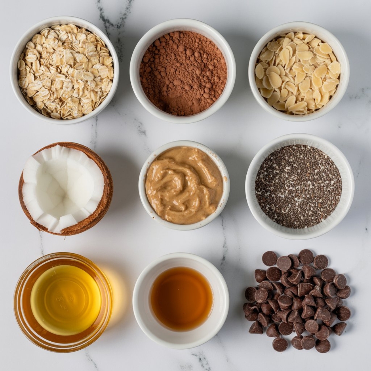 ingredients for homemade chocolate granola on white counter