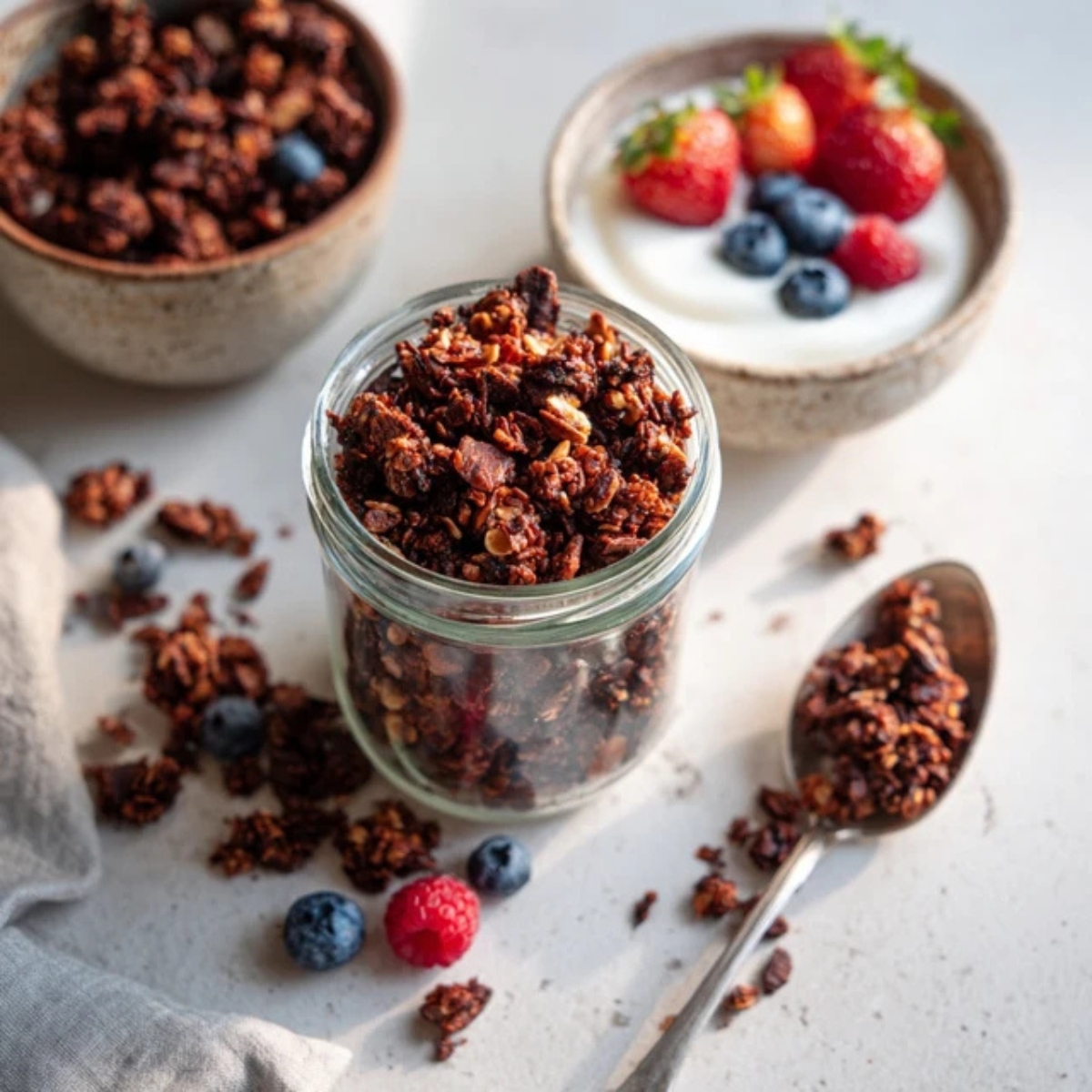 homemade chocolate granola in jar with yogurt and berries