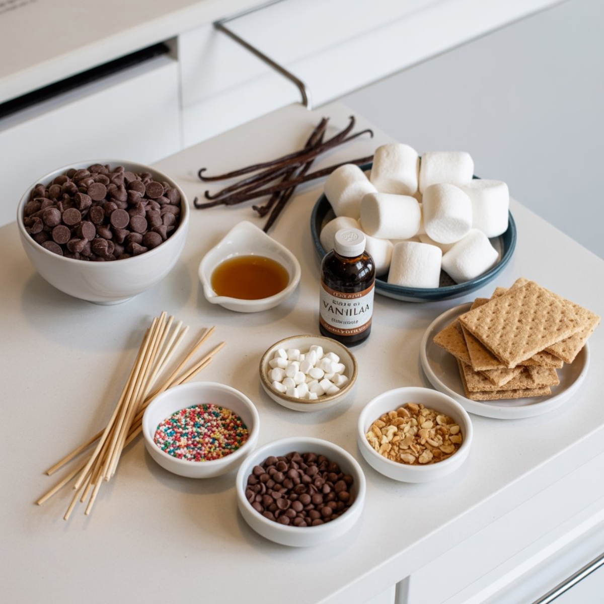 chocolate marshmallow recipe ingredients on white counter