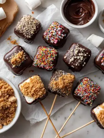 chocolate marshmallow treats on white counter with sprinkles and nuts