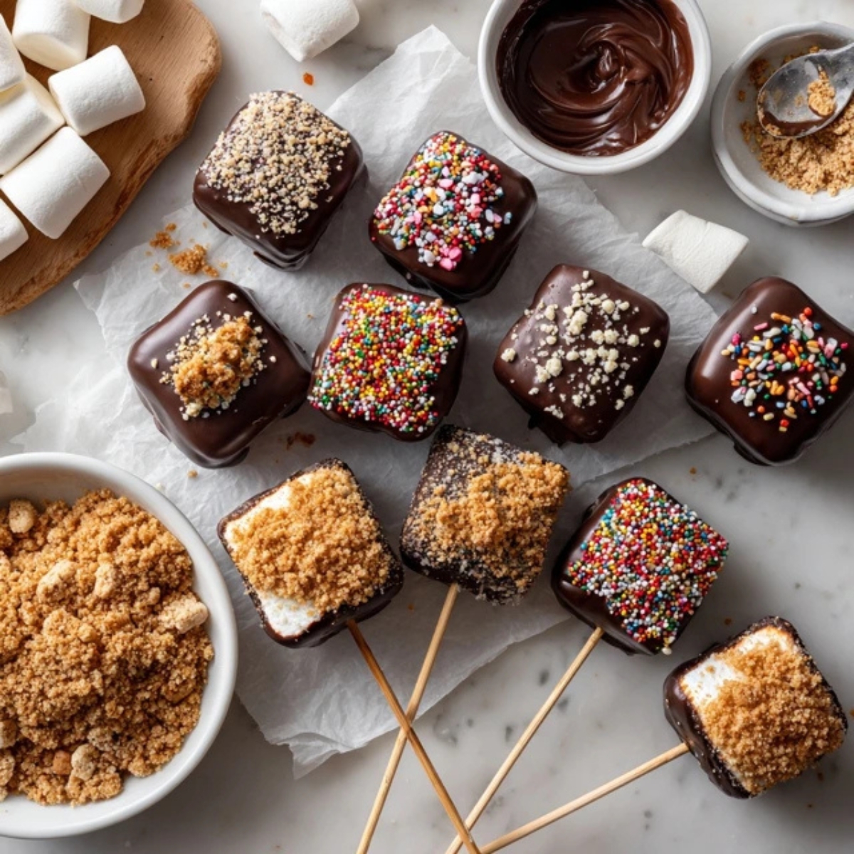 chocolate marshmallow treats on white counter with sprinkles and nuts