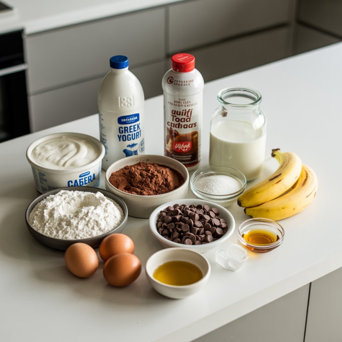 Chocolate muffins ingredients on white kitchen counter
