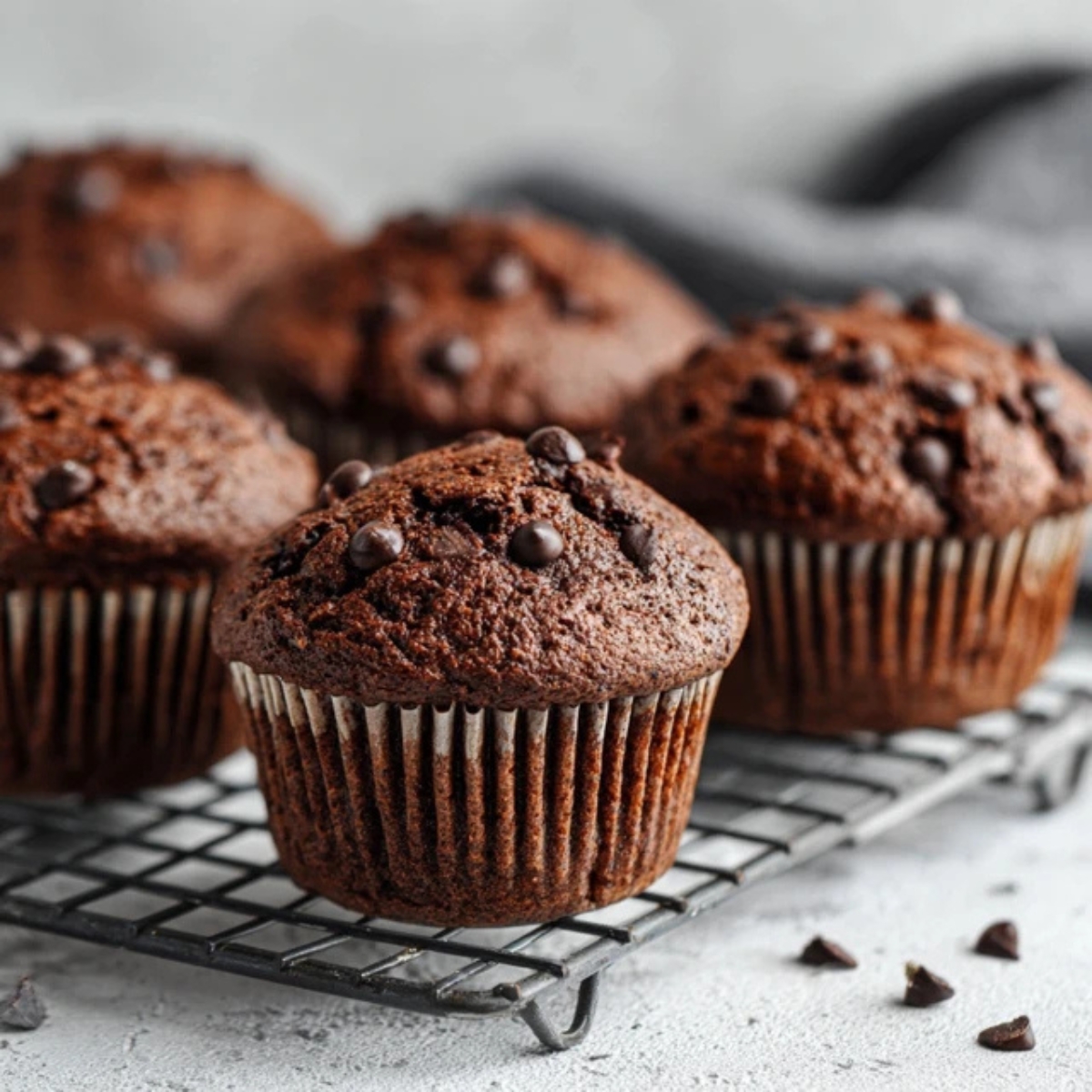 Homemade chocolate muffins on white kitchen counter