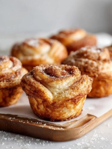 Homemade cinnamon sugar cruffins on a white kitchen counter, golden and flaky