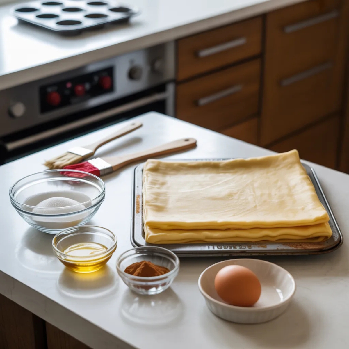 Cinnamon sugar cruffins ingredients on white kitchen counter