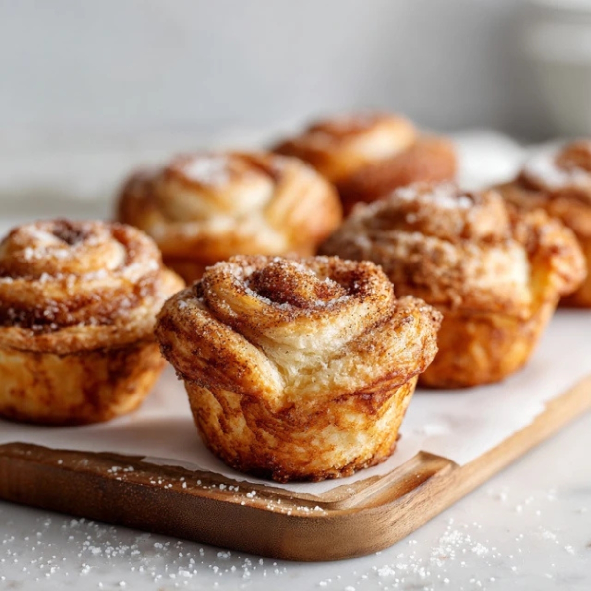 Homemade cinnamon sugar cruffins on a white kitchen counter, golden and flaky