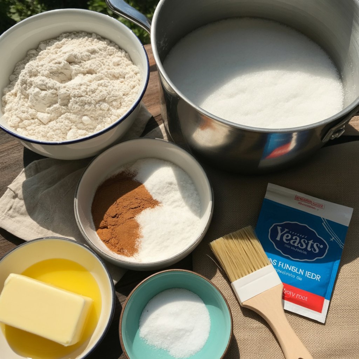ingredients for cinnamon sugar soft pretzels on white counter