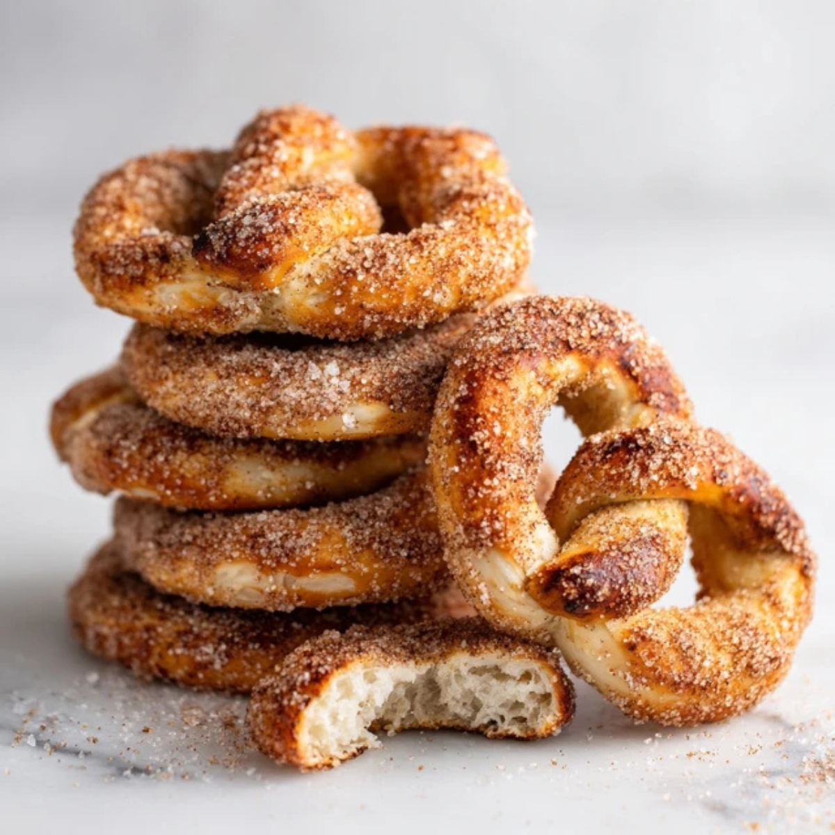 homemade cinnamon sugar soft pretzels on white kitchen counter