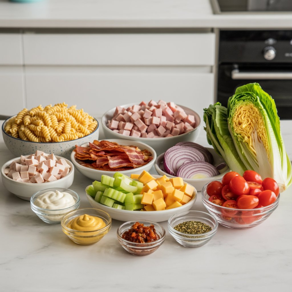 Club sandwich pasta salad ingredients displayed on a white kitchen counter.