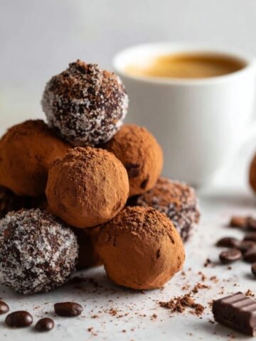 Homemade coffee truffles with dark chocolate and espresso on white kitchen counter