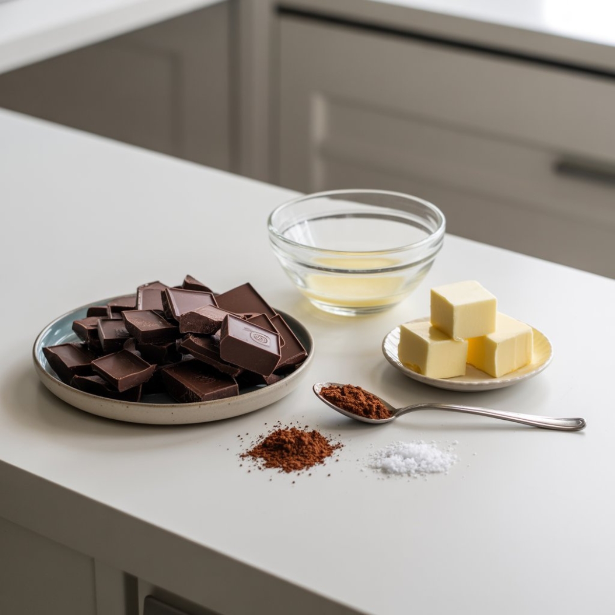 Coffee truffle ingredients including dark chocolate, cream, butter, and espresso powder on white kitchen counter
