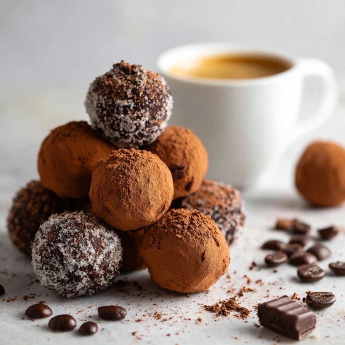 Homemade coffee truffles with dark chocolate and espresso on white kitchen counter