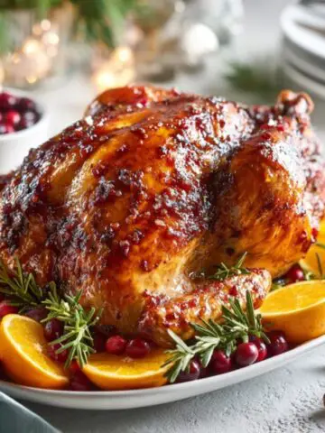 cranberry orange glazed turkey on a white kitchen counter