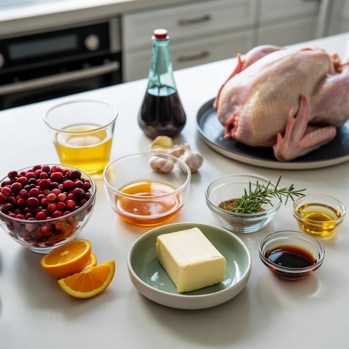 cranberry orange turkey ingredients in bowls on a white counter