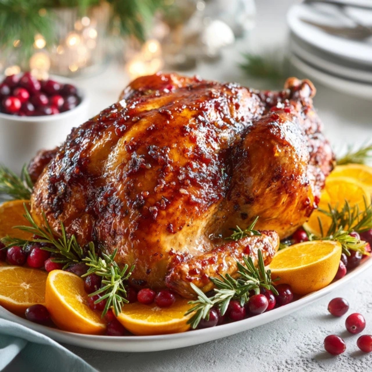 cranberry orange glazed turkey on a white kitchen counter