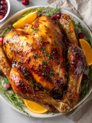 Golden roasted cranberry turkey with cranberry glaze on white kitchen counter